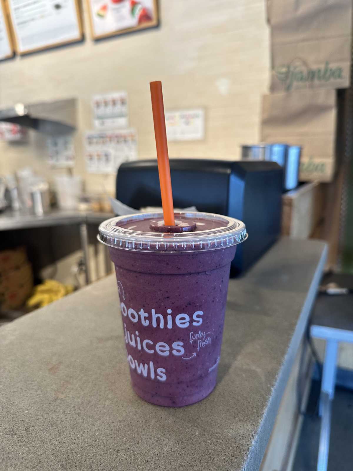 Jamba Juice Fruit Smoothie with Soymilk Acai Berries and Sherbet — source product photograph
