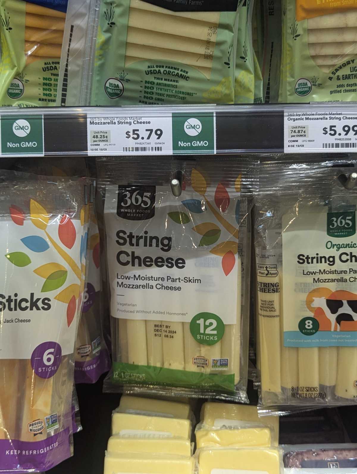 Whole Foods Mozzarella String Cheese Low-Moisture Part-Skim — source product photograph