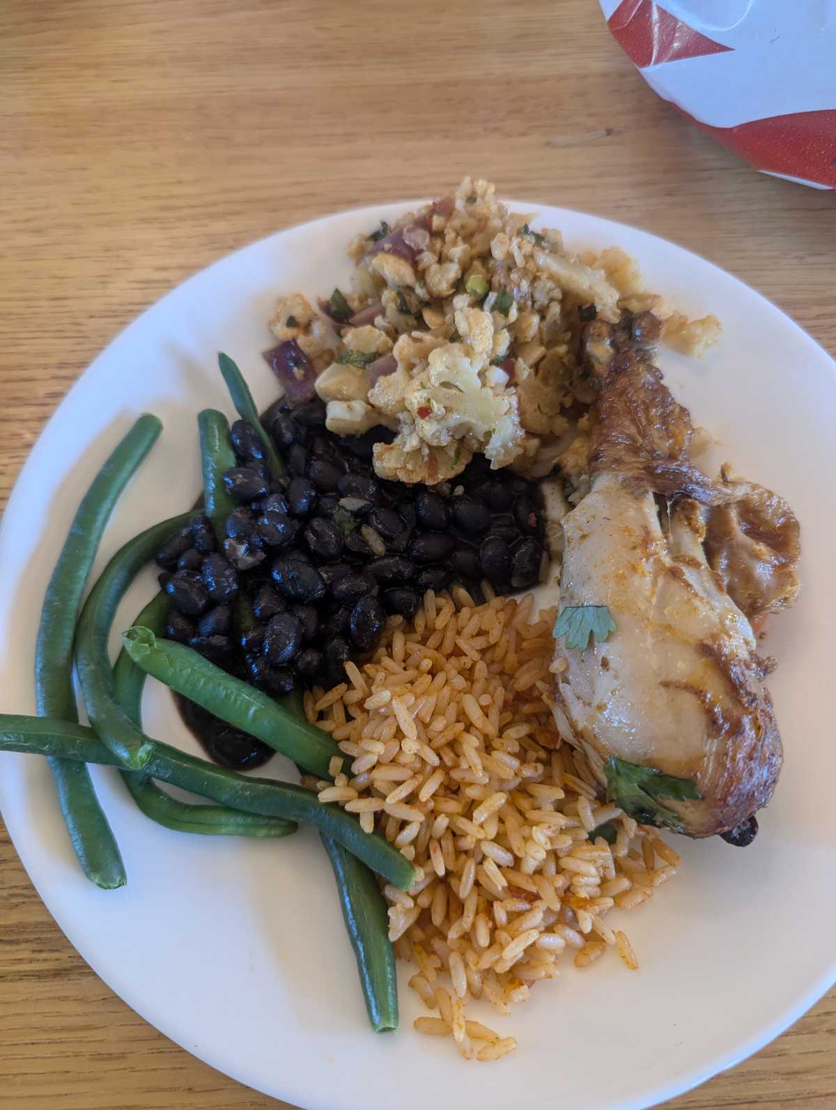 Stanford University Dining Meal (Beans, Chicken, Rice, Cauliflower) — source product photograph